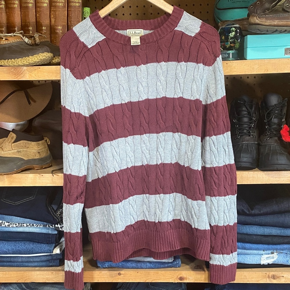 L.L. Bean Men's Cable Knit Sweater - Burgundy and Light Gray